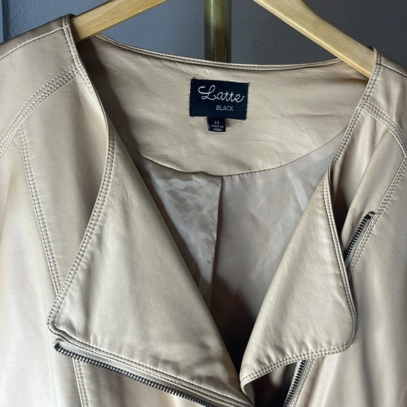 VEGAN LEATHER RUFFLED PEPLUM CAMEL COLORED MOTO STYLE JACKET - Picture 2 of 12